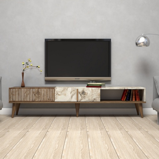 Comoda TV Milan - Walnut, White Marble