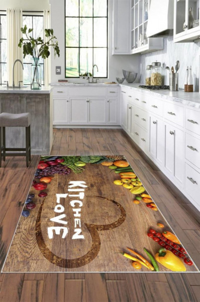 Covor pentru bucatarie, model maro cu mesaj Kitchen Love