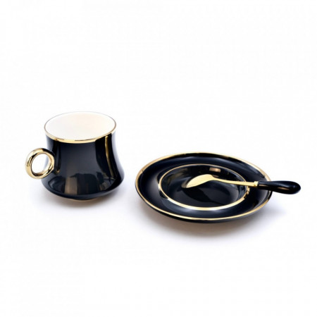 Set cana cu farfurie si lingurita, bleumarin/auriu