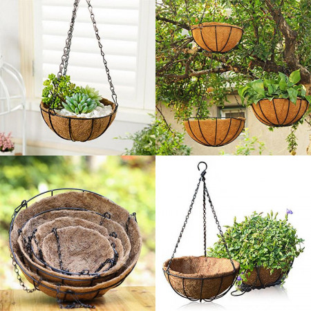 Ghiveci decorativ cu lant, rotund, nuca de cocos, 20, 25, 30 cm
