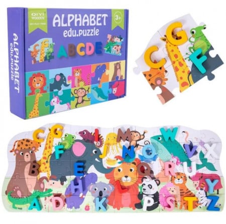 Puzzle din lemn cu alfabet 3D cu animale