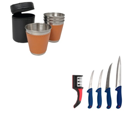 Set 4 cutite macelarie si un dispozitiv pentru ascutire, Germany Style, Cadou Set 4 pahare Inox cu Husa din Piele