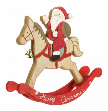 Decoratiune din lemn, cal tip balansoar, cu Mos Craciun calare si mesaj Merry Christmas, 21x20x5 cm