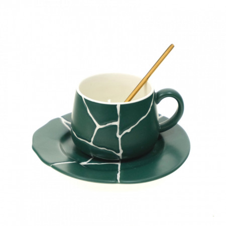 Set cana cu farfurie si lingurita, verde/alb