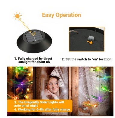 Lampa Solara LED 80cm cu Clopotel de Vant, Model cu 6 Libelule Multicolore din Sticla