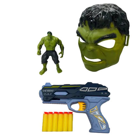 Pistol Hulk cu figurina, masca si 6 cartuse moi