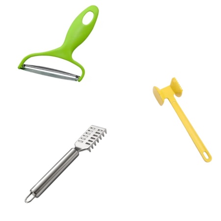 Set 3 piese, cutit pentru Taiat si Decojit Varza, ciocan pentru fragezit carne din aluminiu galben, curatator peste, Otel inoxidabil