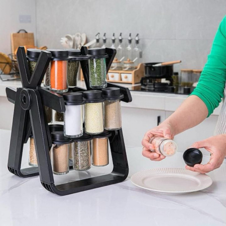 Suport pentru condimente Rotativ, 18 Recipiente de Sticla, Multifunctional, Pivotant 360°, Usor de Montat, Portabil, 34x23cm