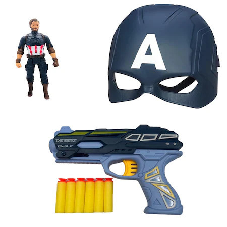 Pistol Captain America cu figurina, masca si 6 cartuse moi