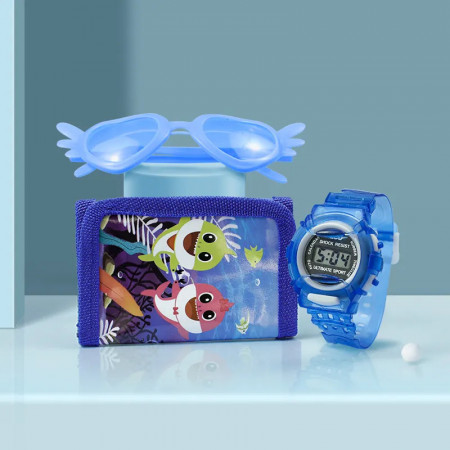 Set ceas electronic de mana, portofel si ochelari copii tip Baby Shark
