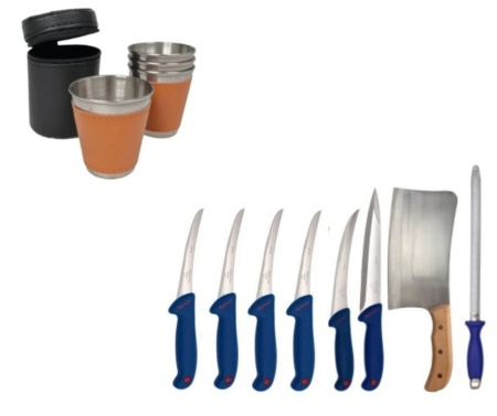 Set cutite profesionale de macelarie, 8 piese ,tip B. Cadou Set 4 pahare Inox cu Husa din Piele , 25 ml
