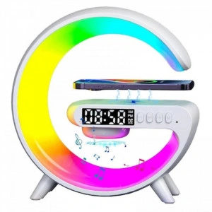 Lampa Smart LED RGB Mini si Incarcator Wireless 15W, Lumini Ambientale, Difuzor 5W pentru Ascultare Muzica, Bluetooth, Afisaj Ceas Digital, Alarma, Simulare Rasarit, Alb