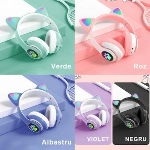 Casti wireless pliabile cu urechi de pisica iluminate LED, Bluetooth 5.0, Bass Stereo
