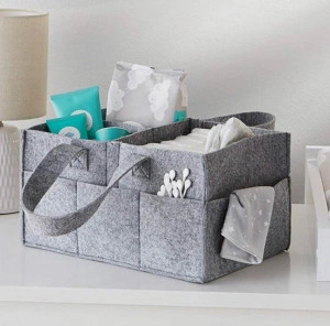 Organizator Geanta de Depozitare pentru Produse Cosmetice Bebe cu Buzunare & Manere din Pasla Gri, 33x23x18cm - Img 3