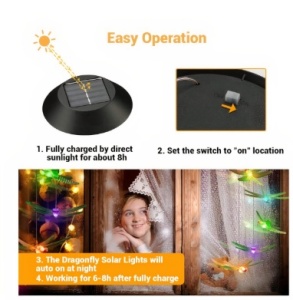 Lampa Solara LED 80cm cu Clopotel de Vant, Model cu 6 Libelule Multicolore din Sticla - Img 1