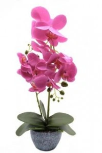 Orhidee artificiala siliconata cu aspect 100% natural, in bol de plastic gri 45 cm