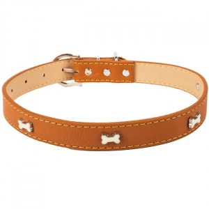 Zgarda catei piele eco model oase 60x2.5 cm, maro - Img 2
