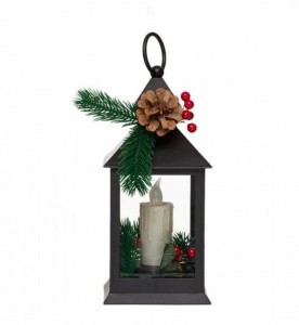 Felinar decorativ de Craciun cu lumini LED, model Lumanare si con de brad