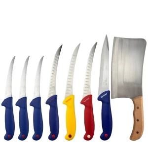 Set cutite Mmacelarie, 3 cutite dezosare, 3 cutite transare, 1 cutit cu dublu tais si 1 satar cu maner din lemn - Img 1