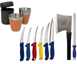 Set cutite profesionale de macelarie, 8 piese , Cadou Set 4 pahare Inox cu Husa din Piele , 25 ml - Img 1
