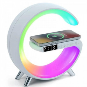 Lampa Smart LED RGB Mini si Incarcator Wireless 15W, Lumini Ambientale, Difuzor 5W pentru Ascultare Muzica, Bluetooth, Afisaj Ceas Digital, Alarma, Simulare Rasarit, Alb - Img 3