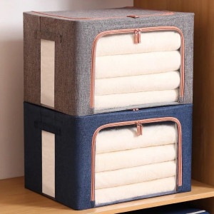 Cutie de depozitare pliabila, cu fermoar, 66L, Textil, 33x40x50 cm, cadru metalic, suport baza stabil din plastic, cu doua ferestre