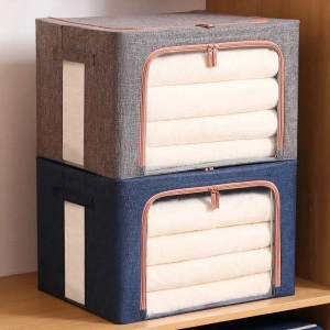 Cutie de depozitare pliabila, cu fermoar, 66L, Textil, 33x40x50 cm, cadru metalic, suport baza stabil din plastic, cu doua ferestre