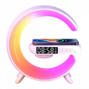 Lampa Smart LED RGB Mini si Incarcator Wireless 15W, Lumini Ambientale, Difuzor 5W pentru Ascultare Muzica, Bluetooth, Afisaj Ceas Digital, Alarma, Simulare Rasarit, Alb - Img 4