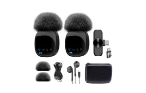 Microfon lavalier wireless, Ecran HD LED, Reincarcabil, Reducere zgomot, Negru, pentru Apple sau Android