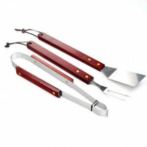 Set 3 ustensile pentru gratar, metal + lemn