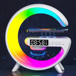 Lampa Smart LED RGB Mini si Incarcator Wireless 15W, Lumini Ambientale, Difuzor 5W pentru Ascultare Muzica, Bluetooth, Afisaj Ceas Digital, Alarma, Simulare Rasarit, Alb - Img 5