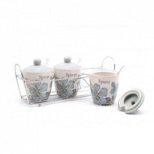 Set 3 recipiente ceramice condimente cu suport din metal - Img 1