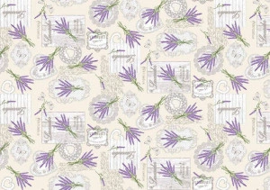 fata de masa bej cu imprimeu flori lavanda