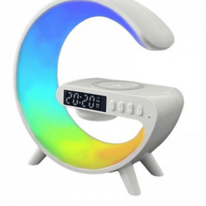 Lampa Smart LED RGB Mini si Incarcator Wireless 15W, Lumini Ambientale, Difuzor 5W pentru Ascultare Muzica, Bluetooth, Afisaj Ceas Digital, Alarma, Simulare Rasarit, Alb - Img 6