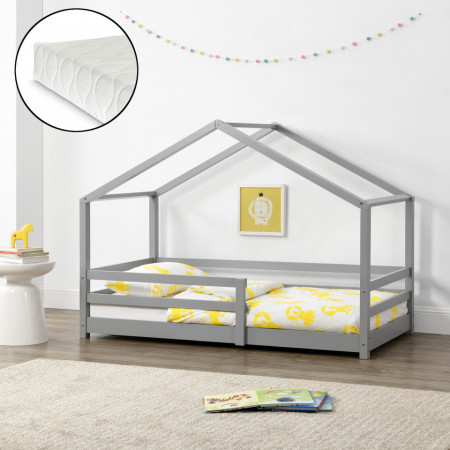 Pat copii cu saltea si grilaj protectie 90x200 cm, gri deschis - P69871674