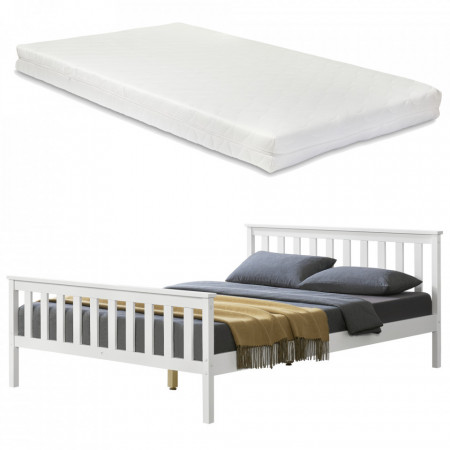 Pat lemn cu saltea spuma rece, 208 x 148 x 82 cm, lemn/poliester, alb, pentru 2 persoane - P65537507