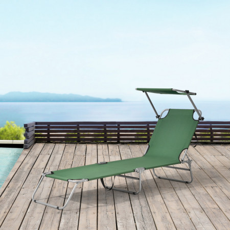 Set doua bucati sezlong pat cu spatar reglabil si parasolar, verde inchis - P76026597