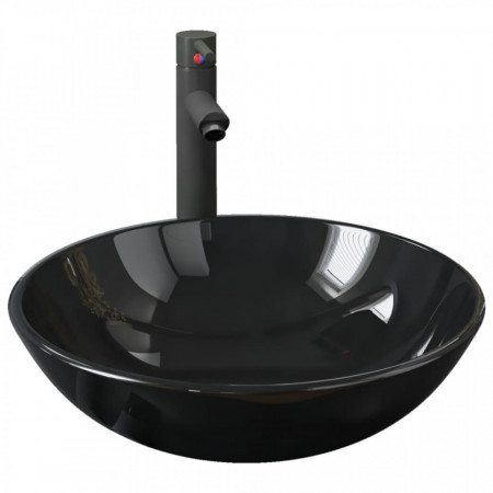 Chiuvetă rotunda cu robinet si scurgere tip push, negru, sticlă - V3098452V