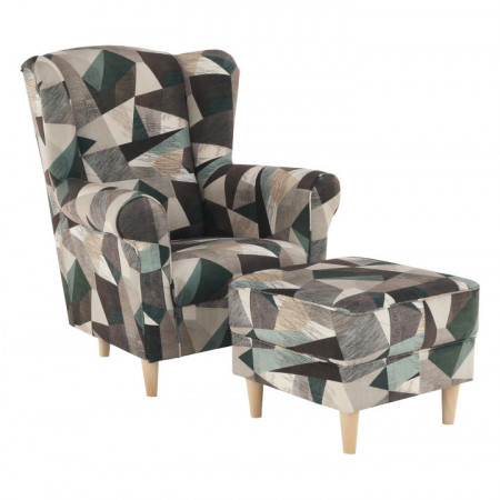 Fotoliu cu taburet, material maro-verde cu modele - TP211110