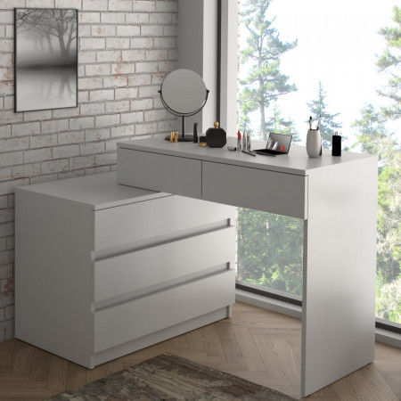MBBIA3 - Birou stanga/dreapta, 115/130 cm, masa de calculator drept sau pe colt cu 5 sertare, office - Alb