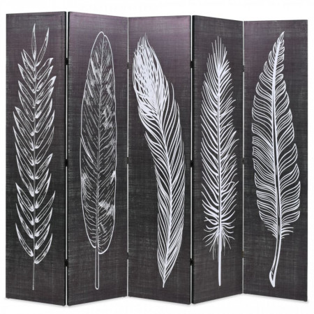 Paravan camera pliabil, negru&alb, 200 x 170 cm, imprimeu pene - V245891V