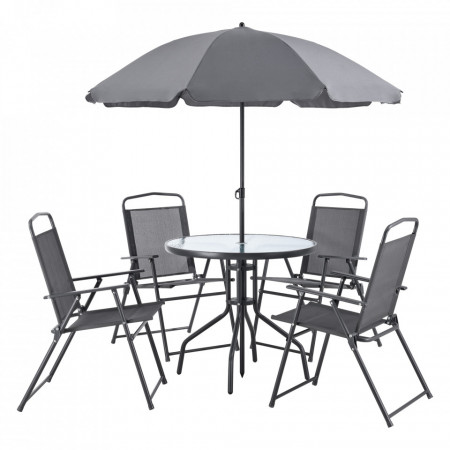 Set mobilier gradina, masa 4 x scaune pliabile 1 x umbrela, negru/gri inchis - P75702656