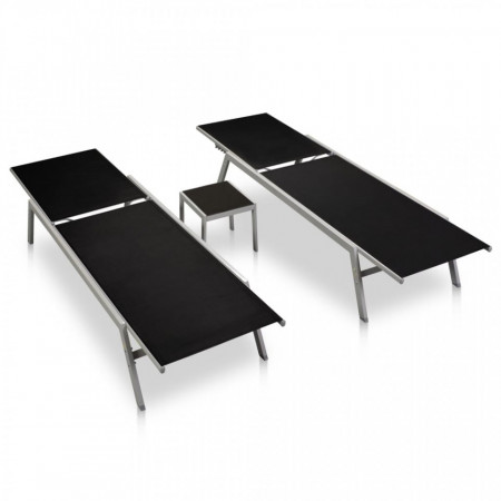 Șezlonguri de plajă cu masă, 2 buc., negru, oțel & textilenă - V48012V