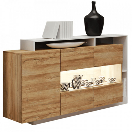 Comodă cu 4 sertare și 1 dulap, stejar și alb, 155x93x30-44 cm - TP285309