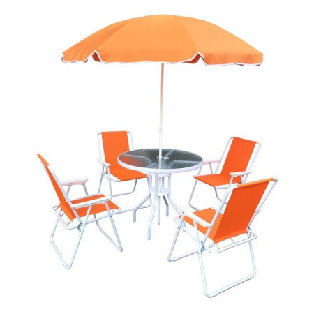Set de grădină, cu 6 piese, 1 masă, 4 scaune, şi parasolar, alb şi portocaliu - TP227770