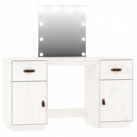 Set de masă de toaletă cu LED, alb, lemn masiv de pin - V3107840V