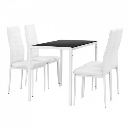 Set masa cu 4 scaune, otel, sticla, imitatie piele, alb/negru - P54457288