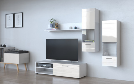 TESL1 - Set Living cu front din MDF Lucios: Comoda TV, 2x Vitrine si 1 raft pentru living - Alb, Beton-Alb