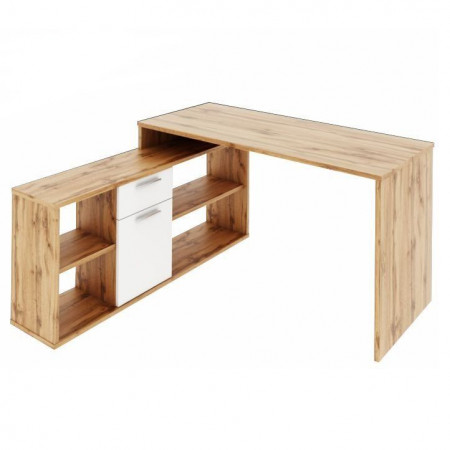 Birou, măsuţă, masă PC pe colţ, alb şi stejar, 135x135 cm - TP191608