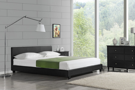 Pat frantuzesc tapitat modern, 180 x 200 cm, imitatie piele, negru, fara saltea - P43710381